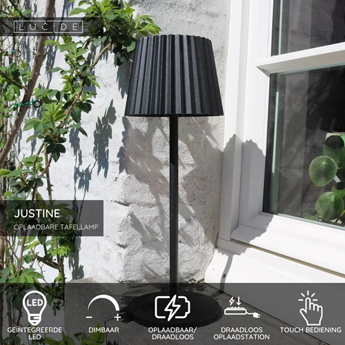 Lucide JUSTINE - Oplaadbare Tafellamp Binnen/Buiten - Accu/Batterij - LED Dimb. - 1x2W 2700K - IP54 - Met draadloos oplaadstation - Zwart - USP
